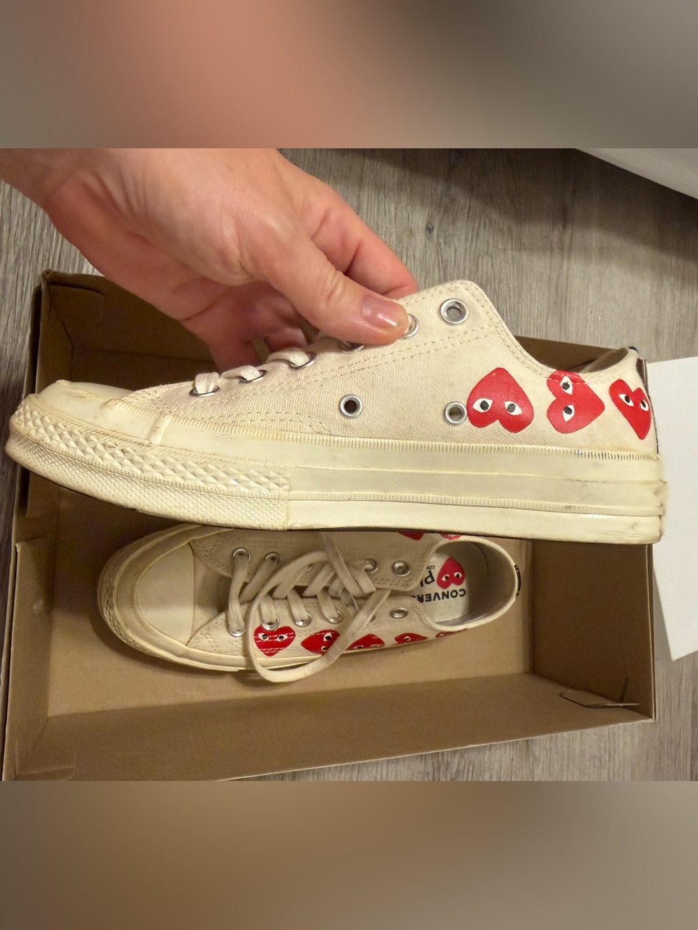 Converse PLAY Comme des Garsons White Canvas Sneakers with Red Hearts size 7 - Picture 10 of 16